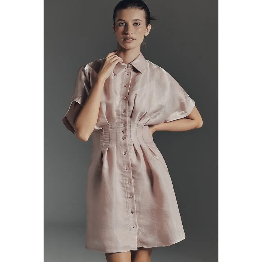 Anthropologie Exquise Tobie Organza Mini Shirt Dress Size Medium Brunch Silver